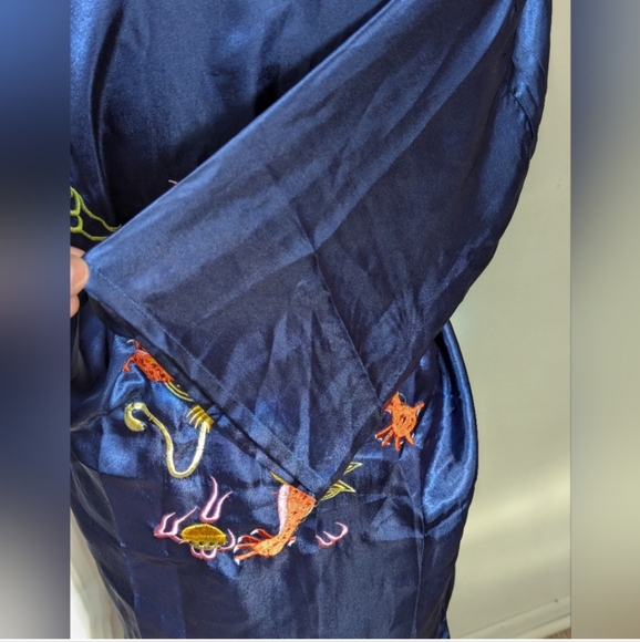 Golden Dragon Bathrobe Kimono Size Large Blue Silky Vintage - Picture 5 of 12